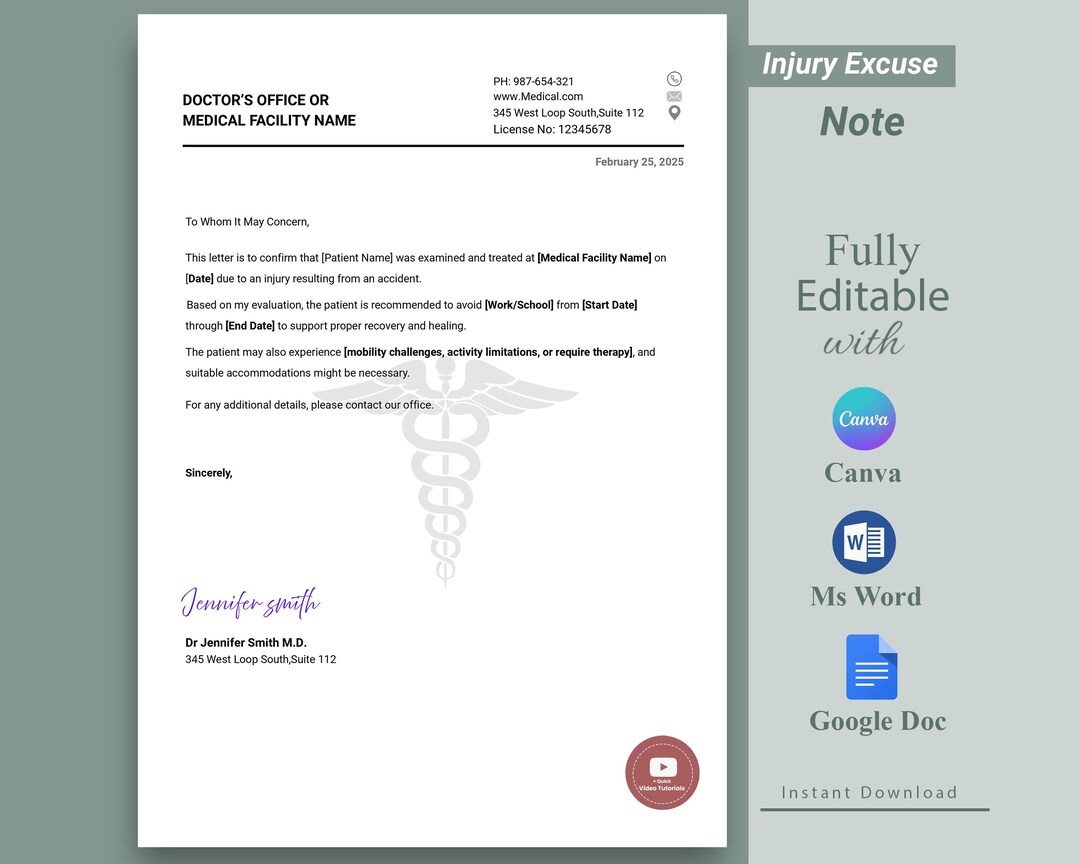 Work Injury Doctors Note Fillable Doctor's Note for Work, Doctor Excuse Note Due to Fracture ...