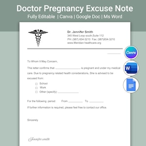 Nota médica editable para el embarazo / Excusa laboral de ginecólogo / Plantilla de excusa para estudios y trabajo / Google Docs, Canva y Word / Nota de excusa médica