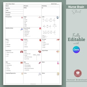 Editable Nursing Brain Sheet: Med Surg, ICU Nurse Report (Canva, PDF)