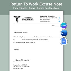 Certificado médico para reincorporarse al trabajo con firma / Plantilla de justificación médica para el trabajo y la escuela / Justificación médica editable en Canva, Word y Google Docs