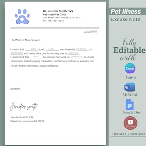 Justificación veterinaria para dueños de mascotas, justificante de ausencia de mascotas, formulario de licencia por enfermedad de mascotas, justificante de cita veterinaria editable, justificante de ausencia