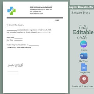 Nota de atención de urgencia editable para el trabajo y la escuela / Plantilla de nota de excusa médica / Carta de excusa médica / Nota médica Canva, Word, Google Docs