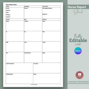 Bewerkbaar blad verpleegkundig rapport verpleegkundige hersenen ICU, rapportblad overhandiging verpleegkundige Med Surg, patiëntenrapport voor New Grad, RN-rapportblad canva, pdf