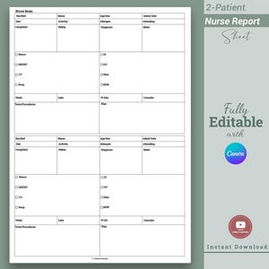 2 Patient Nursing Report Sheet: Editable Nurse Brain (Canva & PDF)