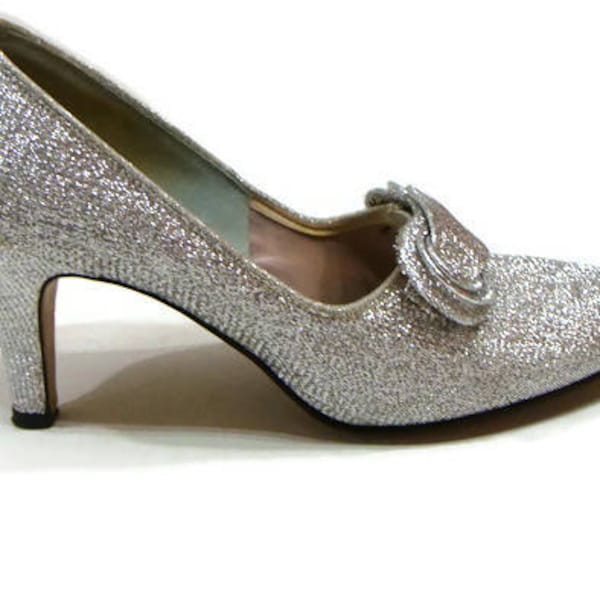 sparkly silver block heels