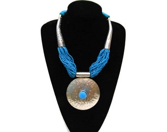 Vintage Pendant Necklace Vintage Silver and Teal Beaded Statement Necklace Blue Pendant Necklace Chunky Pendant Necklace