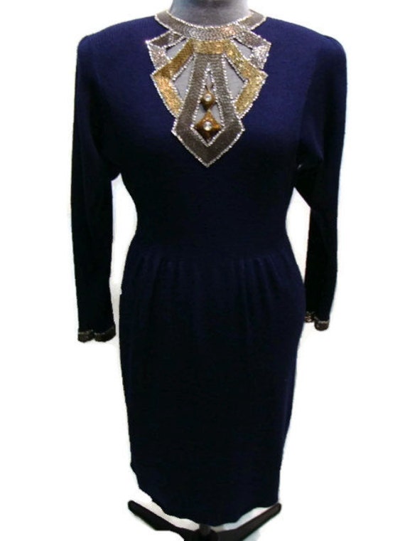 Vintage Navy Blue Dress Vintage Beaded Navy Knit … - image 1