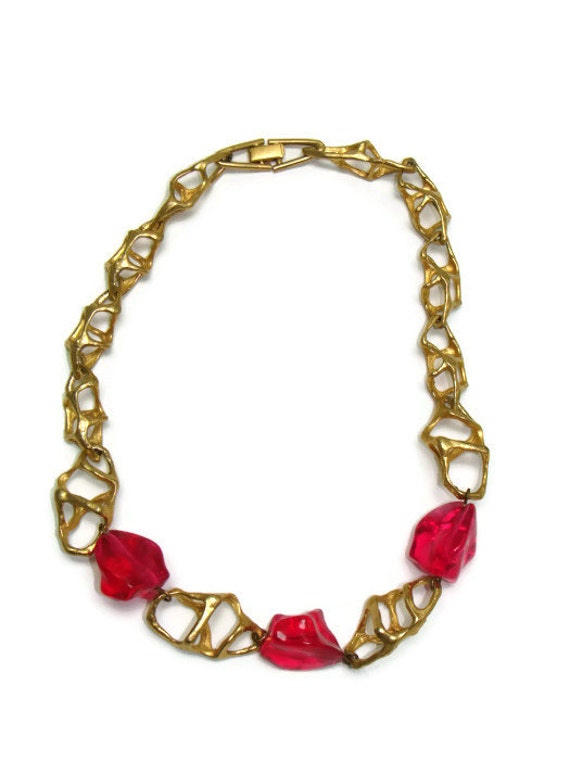 Gold And Hot Pink Beaded Chunky Chain Necklace Chu