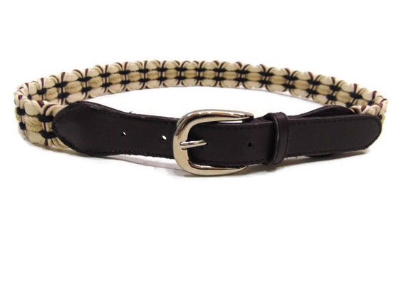 Vintage woven tan / beige waist belt  M Vintage Beige Canvas Belt: Brown Leather Accents, Rustic  main image 2