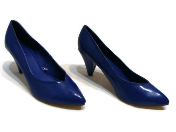 blue patent pumps