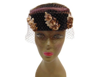 Vintage Hat With Veil Vintage Brown Velvet Veil Hat Pillbox Hat With Veil Small Pillbox Hat With Veil