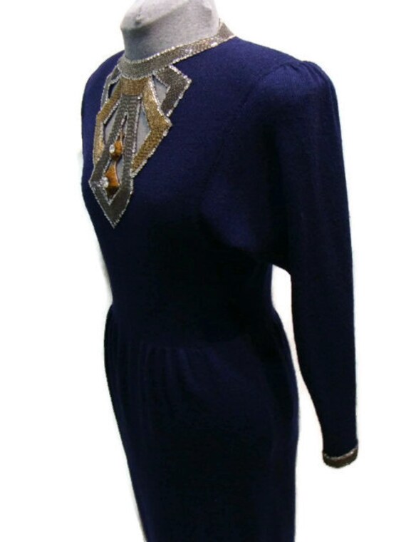 Vintage Navy Blue Dress Vintage Beaded Navy Knit … - image 2