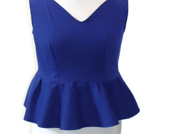 OOAK 60's Inspired Peplum Crop Top Royal Blue Peplum Tops Short Sleeve Crop Top Vintage Inspired Clothing Blue Crop Top Blue Peplum Top