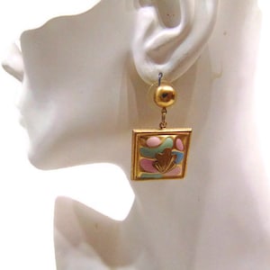Vintage Square Earrings Pink and Green Earrings Square Dangle Earrings Vintage Dangle Earrings
