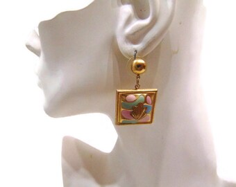 Vintage Square Earrings Pink and Green Earrings Square Dangle Earrings Vintage Dangle Earrings