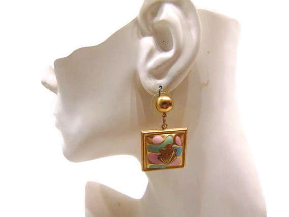 Vintage Square Earrings Pink and Green Earrings S… - image 3