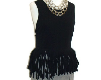 OOAK Grey and Black Fringe Peplum Reconstructed T-Shirt Dress Tee Shirt Dresses T Shirt Dress Reconstructed T Shirts Tank T Shirt Dress