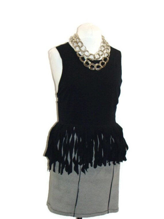 peplum t shirt dress OOAK Grey and Black Fringe Peplum Reconstructed T-shirt Dress Tee Shirt  Dresses T Shirt Dress Reconstructed T Shirts Tank T Shirt Dress