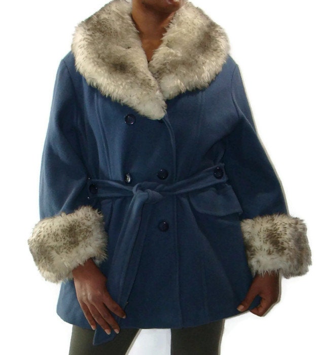 Vintage Blue Wool Blend Faux Fur Trimmed Coat Collar Faux Fur Trimmed Coat Collar, Wool Coats With Fur Trim
