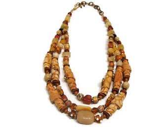 Vintage Fabric and Stone Bead Multi Strand Necklace Vintage Statement Necklace Unique Beaded Necklaces Vintage Beaded Necklaces