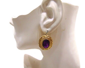 Vintage Purple and Gold Oval Pierced Earrings