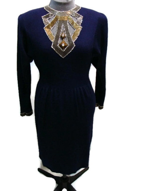 Vintage Navy Blue Dress Vintage Beaded Navy Knit … - image 5