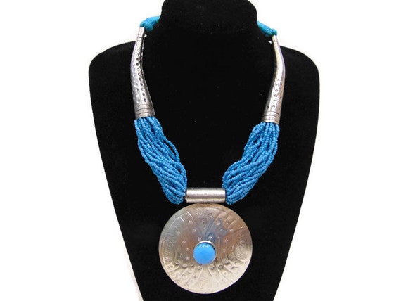 Vintage Pendant Necklace Vintage Silver and Teal … - image 3