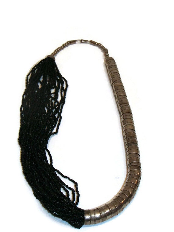 Vintage Black Seed Bead and Silver Necklace Black… - image 2