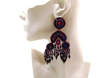 Vintage Beaded Earrings Vintage Multi Color Seed Beaded Dangle Earrings Colorful Beaded Earrings