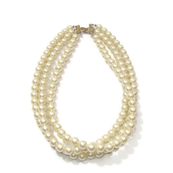 Vintage Three Strand Cream Pearl Necklace