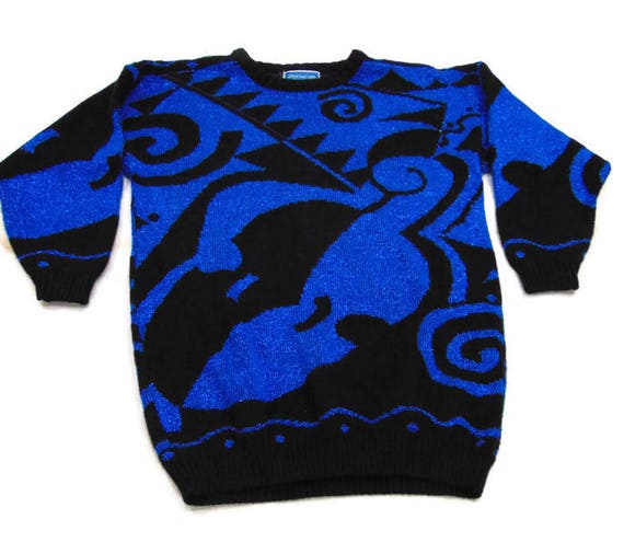 VintageConnoisseur Vintage Black and Blue Metallic Sweater Vintage Sweaters Womens Oversized Vintage Sweaters Vintage Jumpers Womens Oversized Vintage Jumper