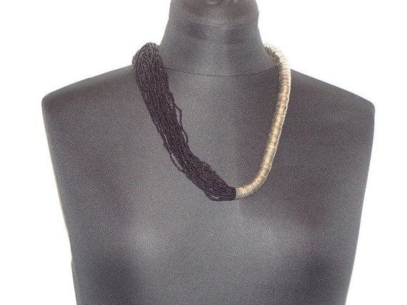Vintage Black Seed Bead and Silver Necklace Black… - image 5