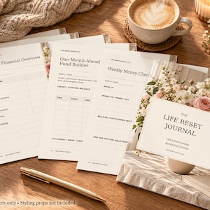 Puede incluir: Un conjunto de páginas de planificación financiera titulado The Life Reset Journal, que incluye secciones para un resumen financiero mensual, un plan de ahorro y un control semanal, con una imagen floral en la portada.