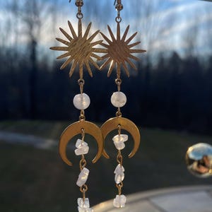 Golden Sun and Moon Celestial Moonstone Dangle Earrings
