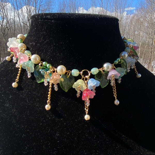 Colorful Whimsical Bell Flower Garden Pearl Necklace