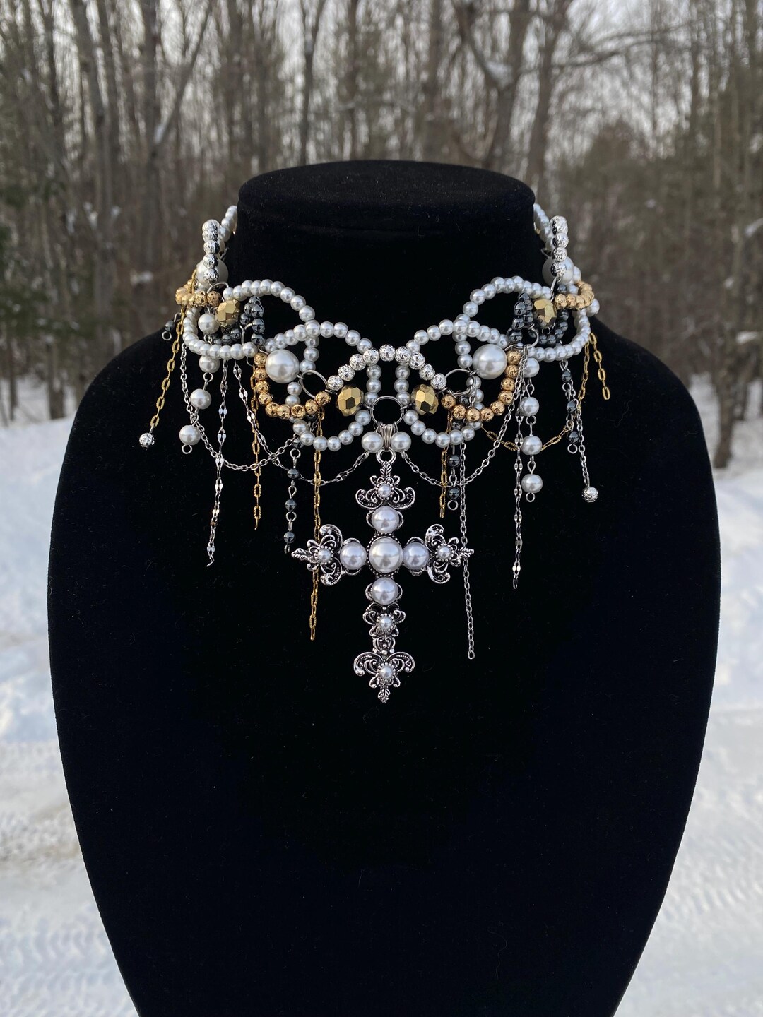 Alternative Pearl Cross Necklace, Handmade, Asymmetrical, Maximalist - Etsy