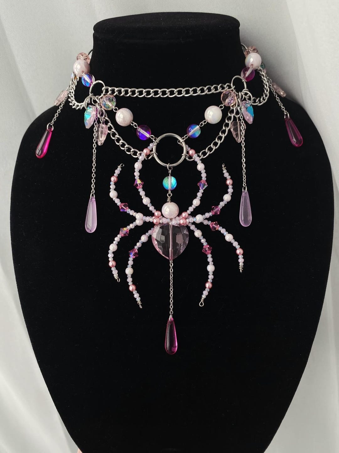 Pink Spider Chain Pink Alternative Heart Spider Necklace, Handmade, Gothic, V-day - Etsy