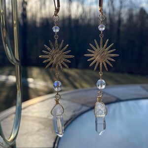 Crystal Quartz Golden Sun Dangle Celestial Earrings