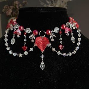 Whimsical Red Leaf and Flower Fall Necklace, Handmade
