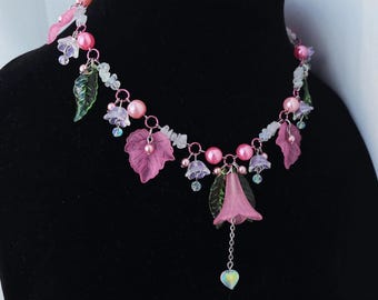 Pink Flower Moonstone Handmade Necklace, Whimsical, Fairycore