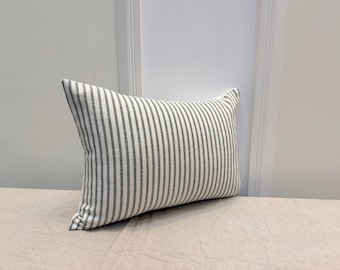 Green Stripe Lumbar Pillow Cover — Farmhouse Cotton Accent Cushion, Minimal Neutral Decorative Pillow