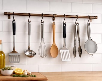 Handmade Unlacquered Brass Pot Rail with S Hooks | Wall Mounted Pot Rack