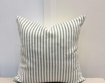 Green & White Striped Cotton Pillow Cover -  Minimal Farmhouse Accent Cushion