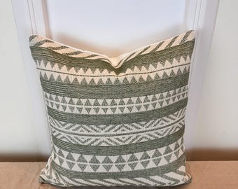 Green Geometric Woven Pillow Cover – Boho Farmhouse Cushion, 16x16