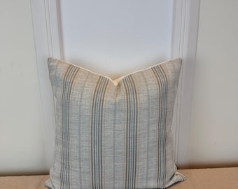 Beige and Soft Blue Striped Pillow Cover – Modern Farmhouse Cushion