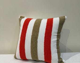 Tufted Red-Orange & Tan Striped Chenille Pillow Cover
