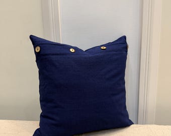 Navy Blue Linen Throw Pillow Cover with Wooden Buttons | Decorative Cushion
