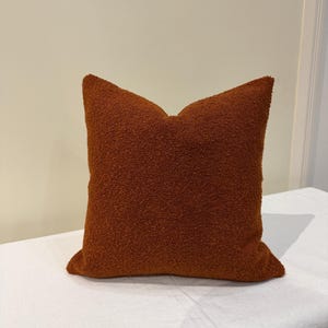 May include: A square, terracotta-coloured cushion with a textured, bouclé fabric. The cushion is placed on a white surface, offering a warm, inviting aesthetic. This accent cushion adds a touch of colour and texture to any living space.