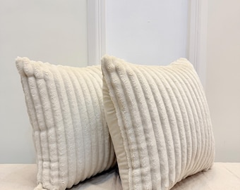 Handmade Ivory Cream Ribbed Pillow Cover - Soft Textured Neutral Cushion, Modern Cozy Home Decor