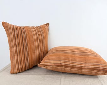 Striped Cotton Pillow Cover — Warm Rust & Neutral Accent Cushion, Minimal Boho Decor